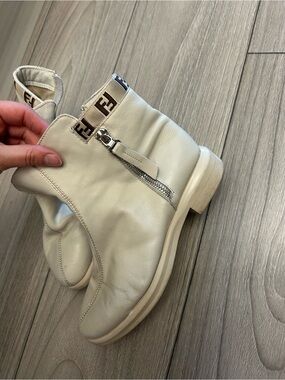 Cream Leather Ankle Booties with Signature-Trim Cuff
